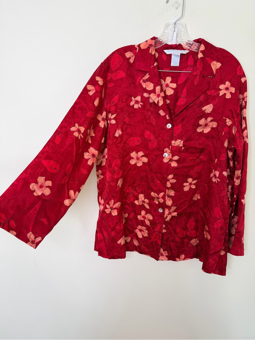 Vintage August Silk Red Floral 100% Silk pajama top Shirt Slit Hem Loungewear